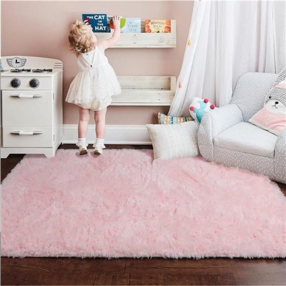 Pink Area Rug for Girls Bedroom,Fluffy Shag 4'X6' Living Room,Furry Carpet Kids - Picture 3 of 7